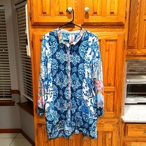 Authentic Johnny Was Floral Patterned Long Sleeve Button-Up Long Blouse